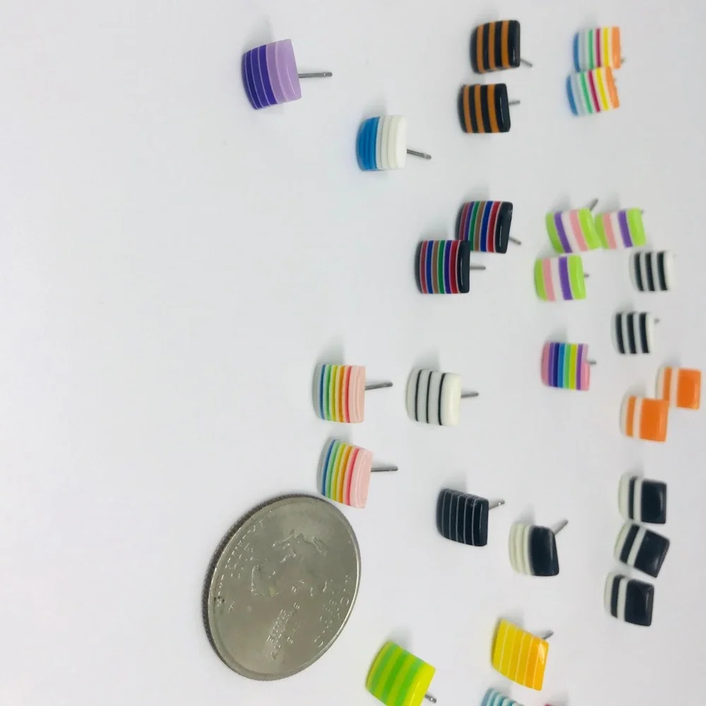 Black Mixed Multi Color Minimalist Repurposed Vintage Striped Bead Stud Earrin…